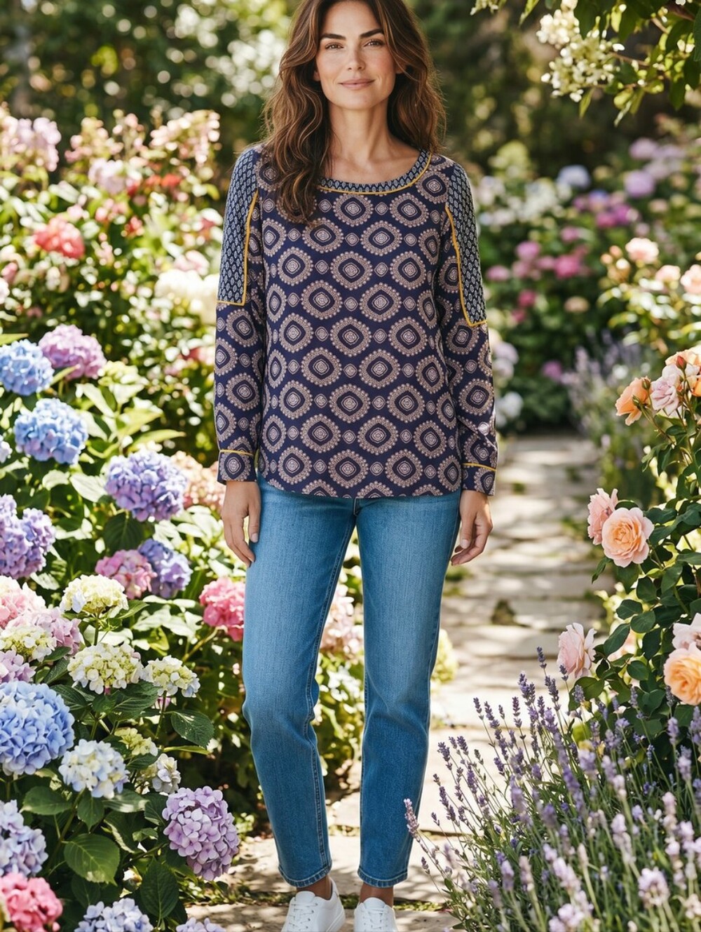 LOFT Women's Navy Patterned Long Sleeve Top with Gold Accents